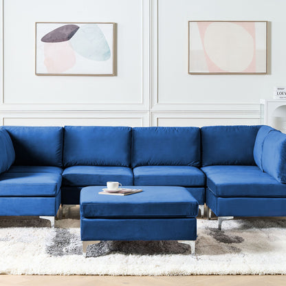 Modular Sofa Blue Velvet U Shape 6 Seater Ottoman