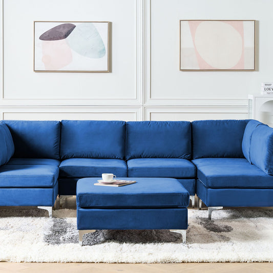 Modular Sofa Blue Velvet U Shape 6 Seater Ottoman