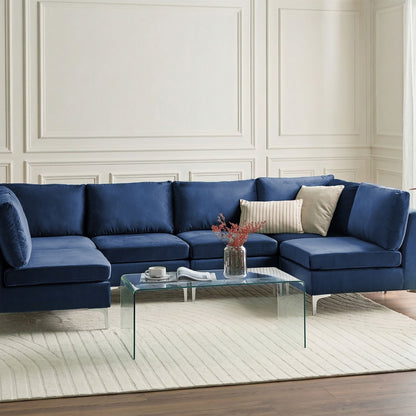 Modular Sofa Blue Velvet U Shape 6 Seater With Silver Legs