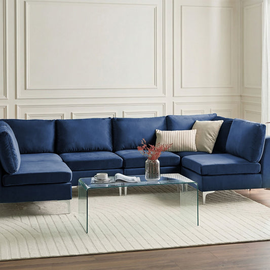 Modular Sofa Blue Velvet U Shape 6 Seater With Silver Legs