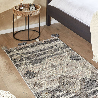 Kilim Grey Wool and Cotton Handmade Boho Patchwork Rug 80 x 150 Tassels