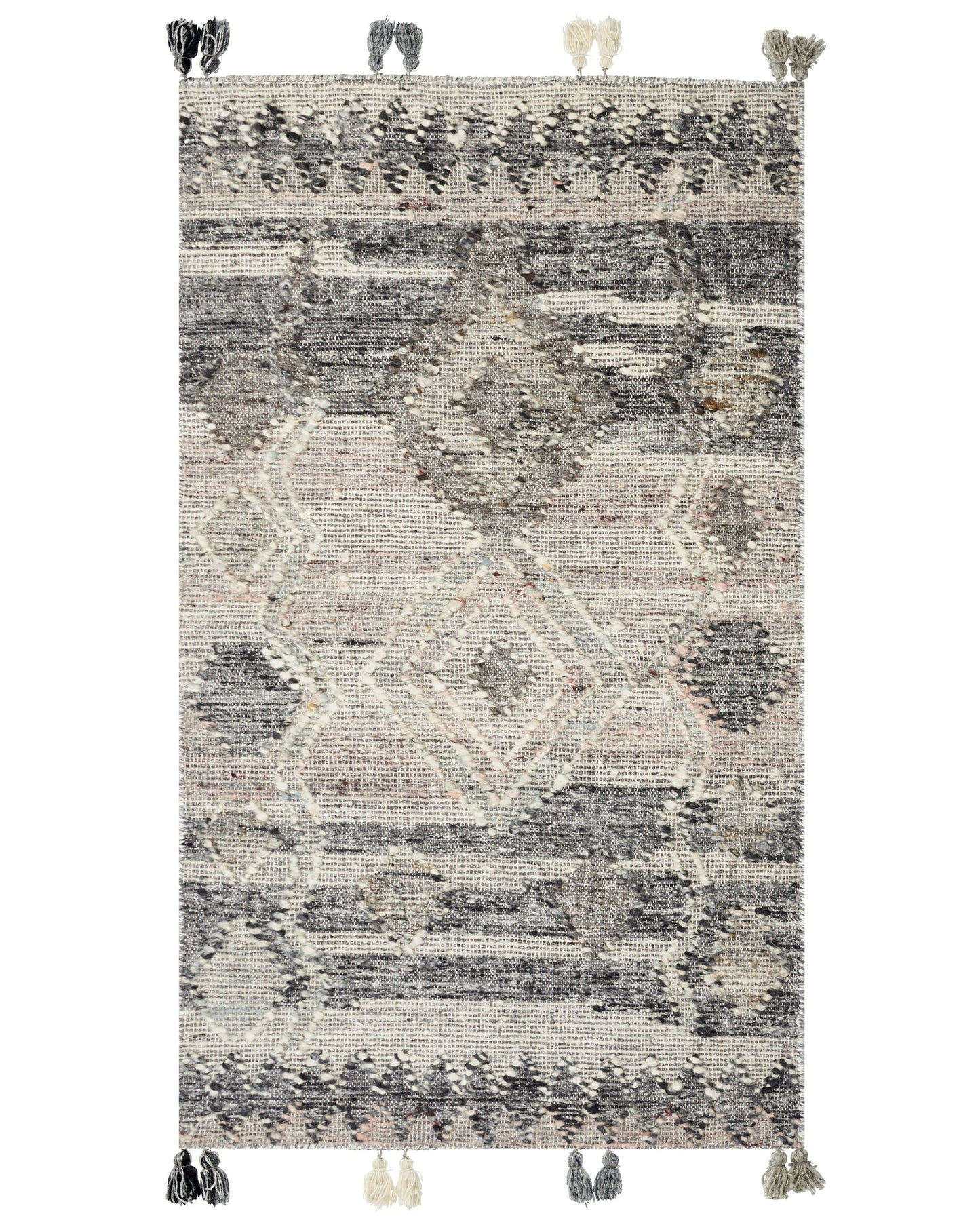 Kilim Grey Wool and Cotton Handmade Boho Patchwork Rug 80 x 150 Tassels