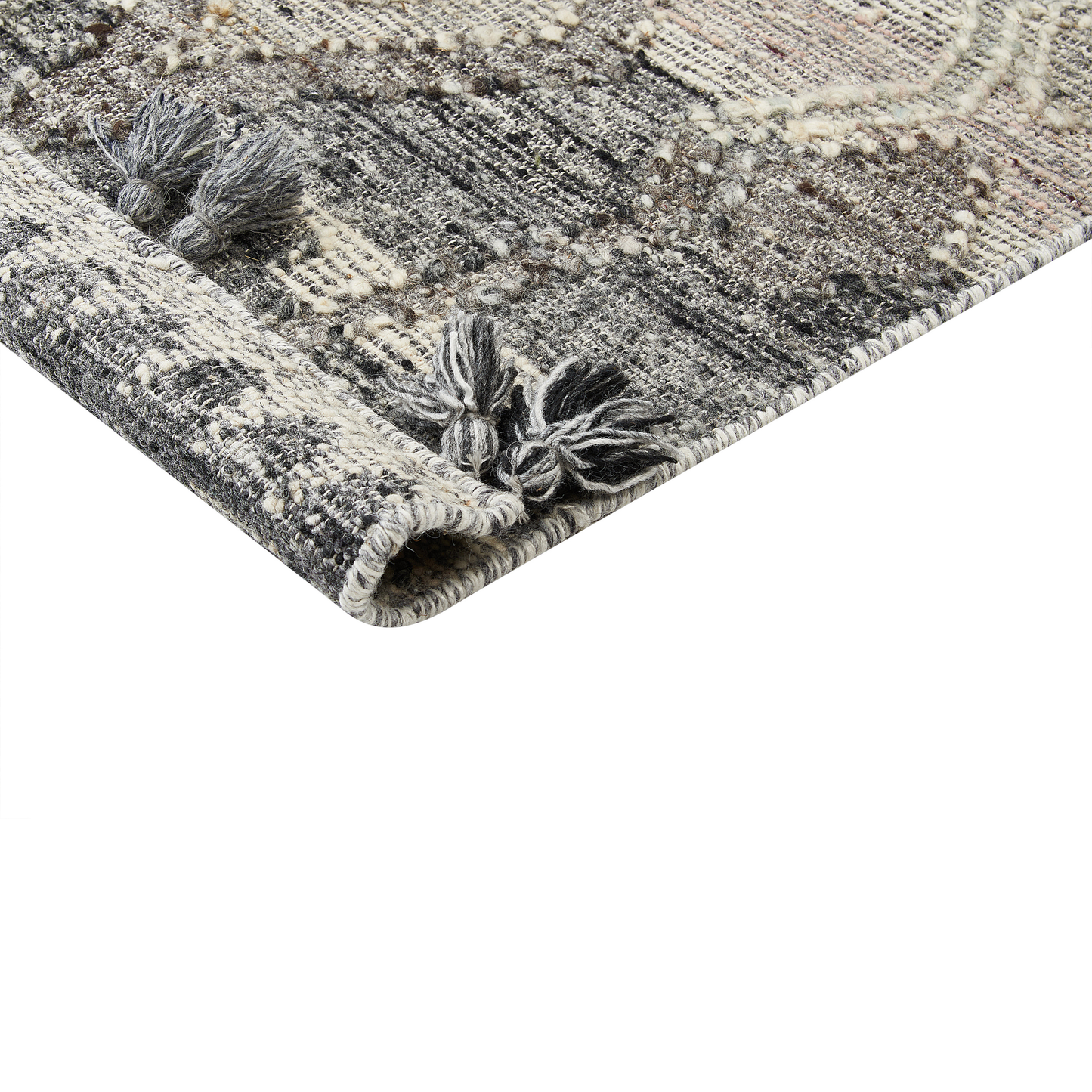Kilim Grey Wool and Cotton Handmade Boho Patchwork Rug 80 x 150 Tassels