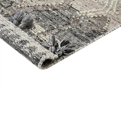 Kilim Grey Wool and Cotton Handmade Boho Patchwork Rug 80 x 150 Tassels