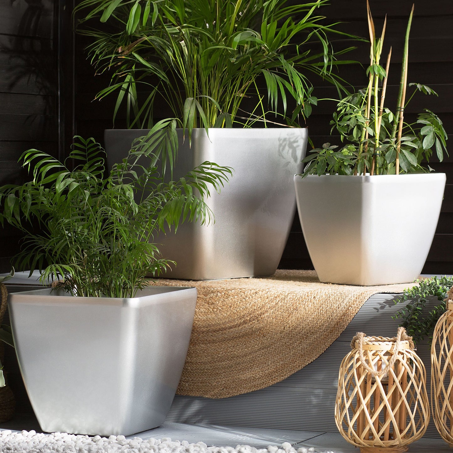 Set Of 2 Silver Fibre Clay Pots 50 x 50 x 48cm