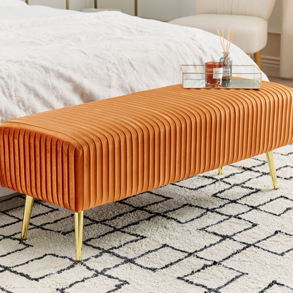Bench Orange Velvet Upholstered Gold Metal Legs 118 x 40cm
