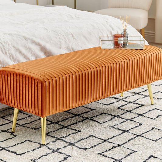 Bench Orange Velvet Upholstered Gold Metal Legs 118 x 40cm