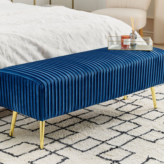 Blue Velvet Bench With Gold Metal Legs 118 x 40cm