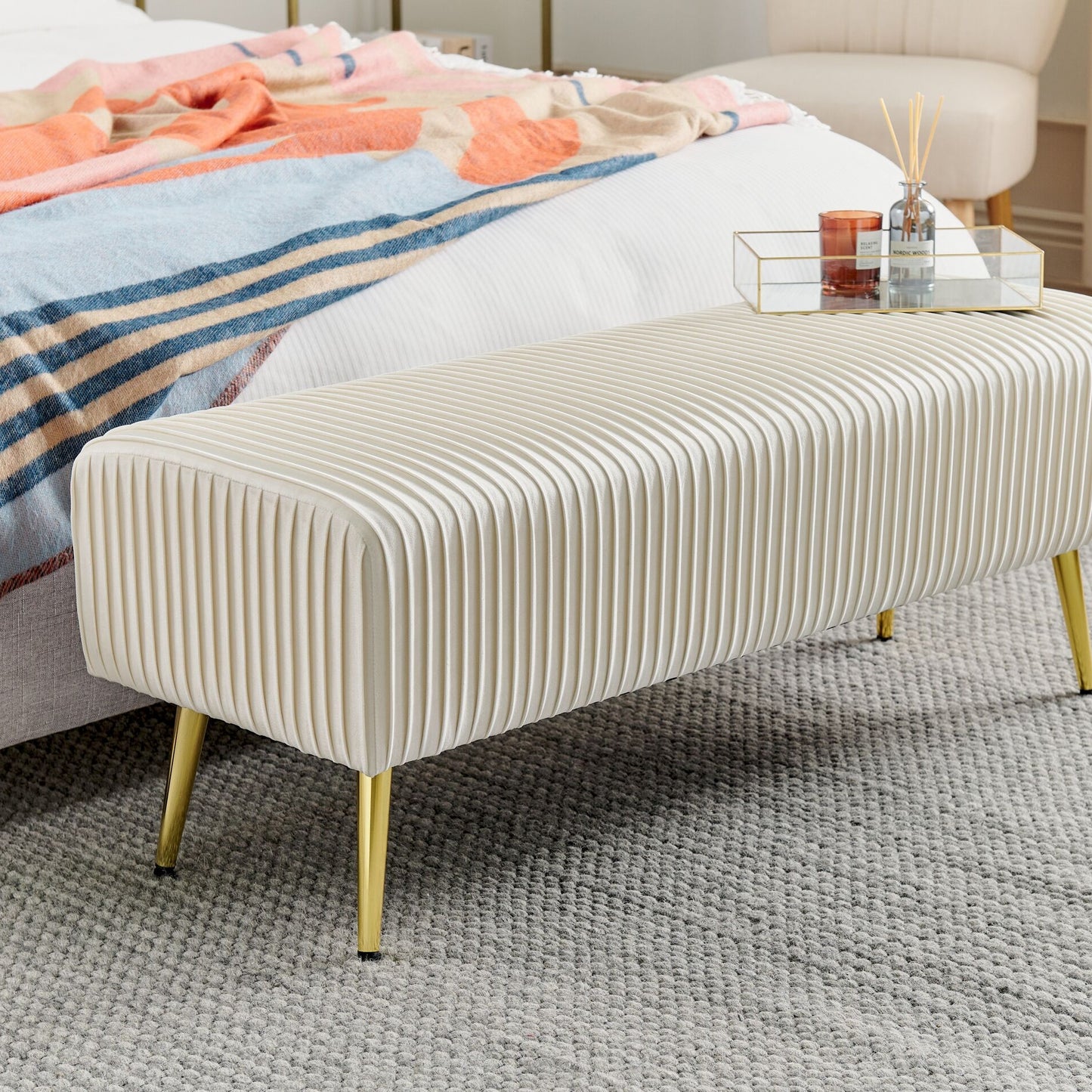 Velvet Bench Off White With Gold Metal Legs 118 x 40cm