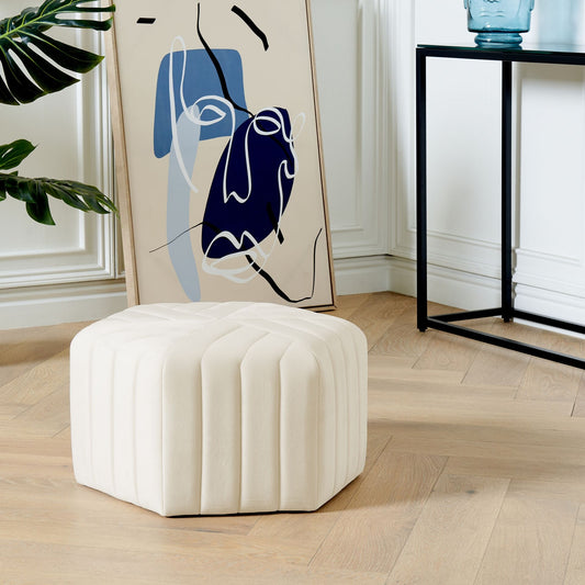 Ottman Glamour Velvet Pouffe Off-White 53 x 48 x 29cm Hexagonal Footstool For Living Room