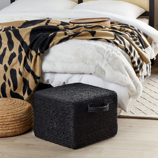 Pouffe Black Jute EPS Beads With Handles 45 x 45 x 30cm