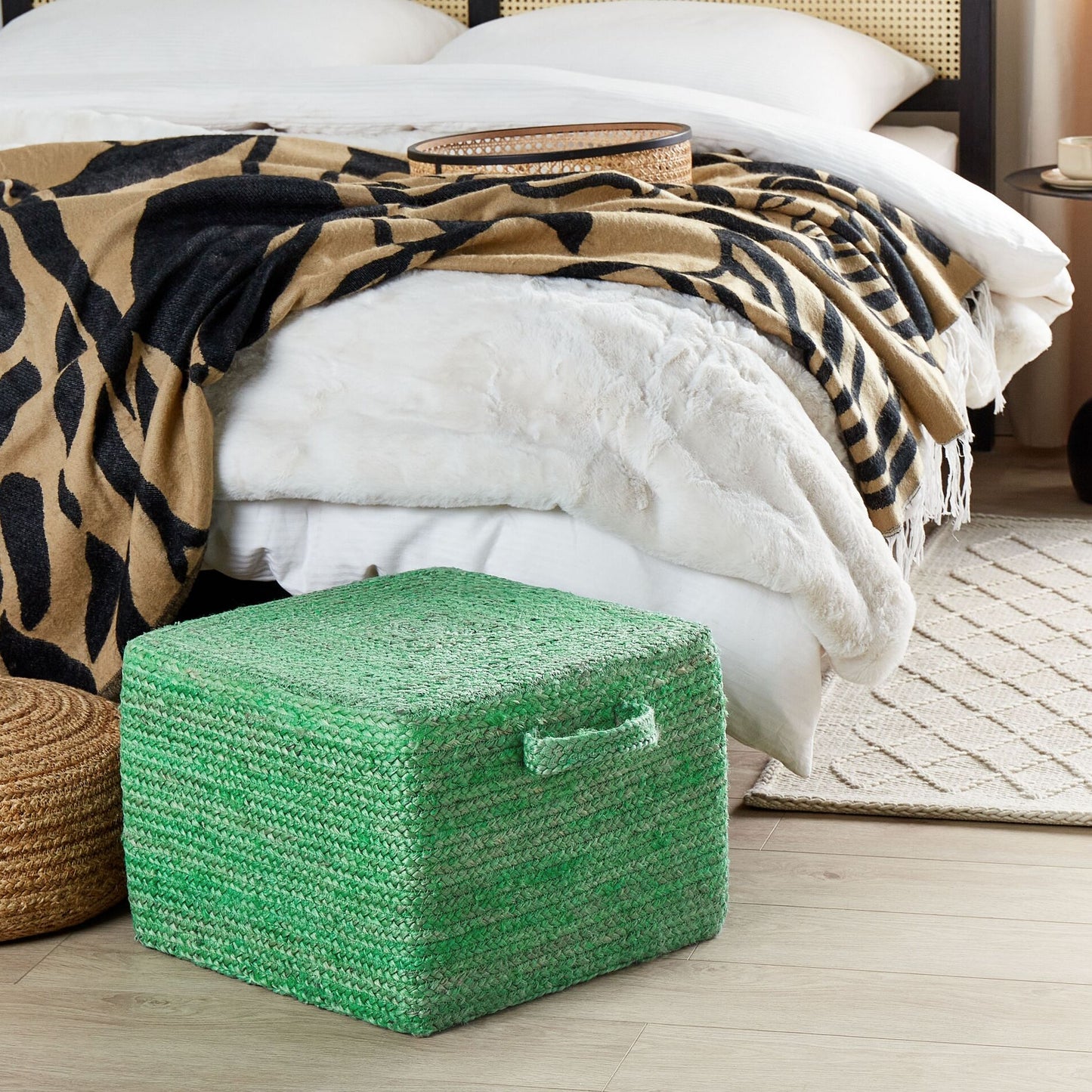 Green Jute Pouffe With EPS Beads Filling 45 x 45 x 30cm Rectangular With Handles
