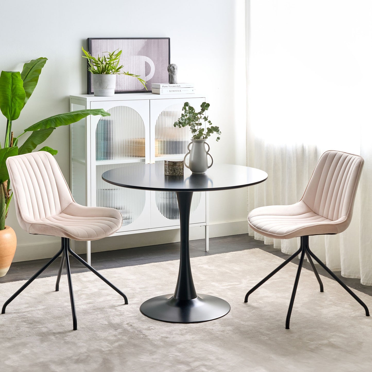 Velvetique Dining Chairs Set Beige Velvet Tufted Cross Base