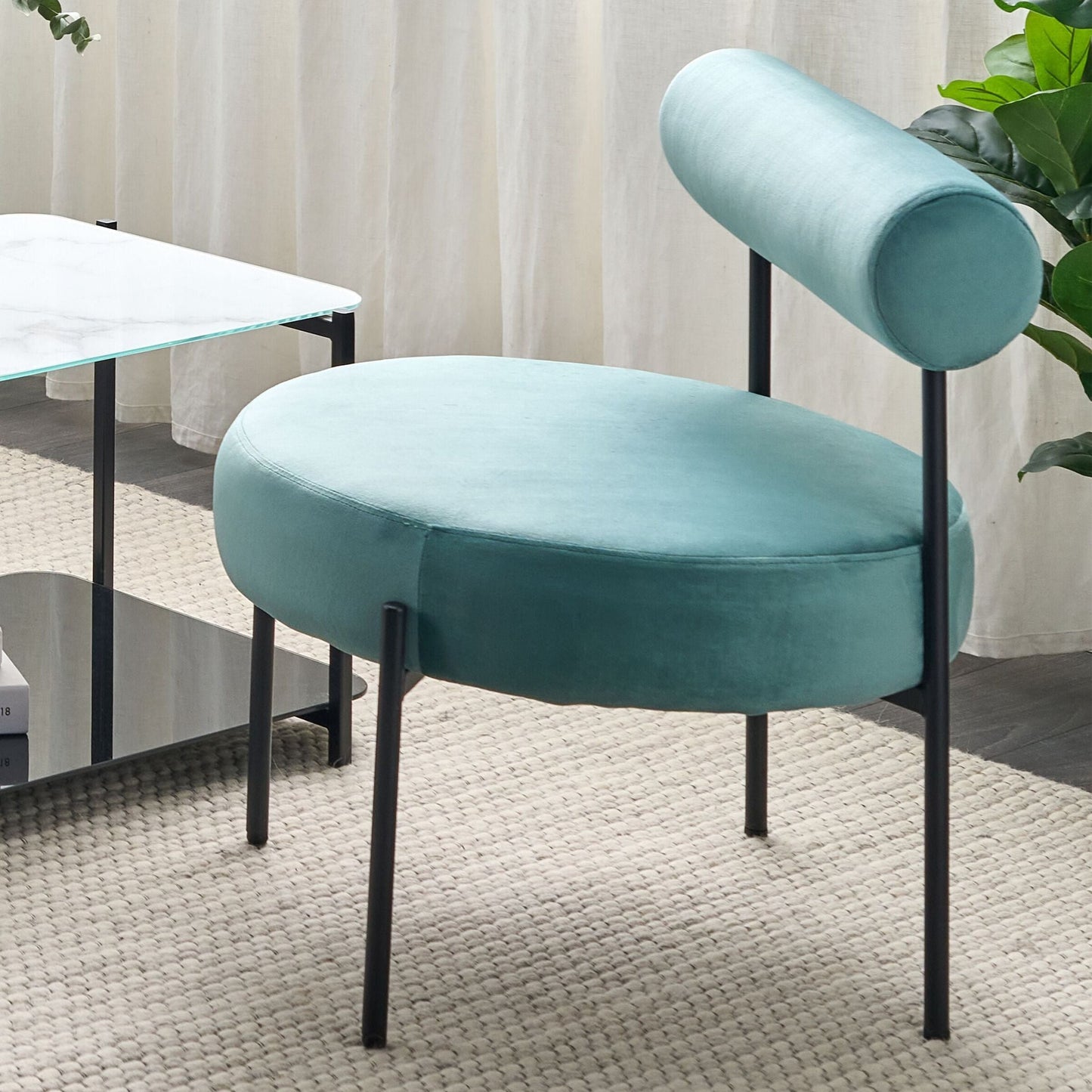 Armless Green Velvet Chair With Round Seat And Black Metal Frame Vintage Design