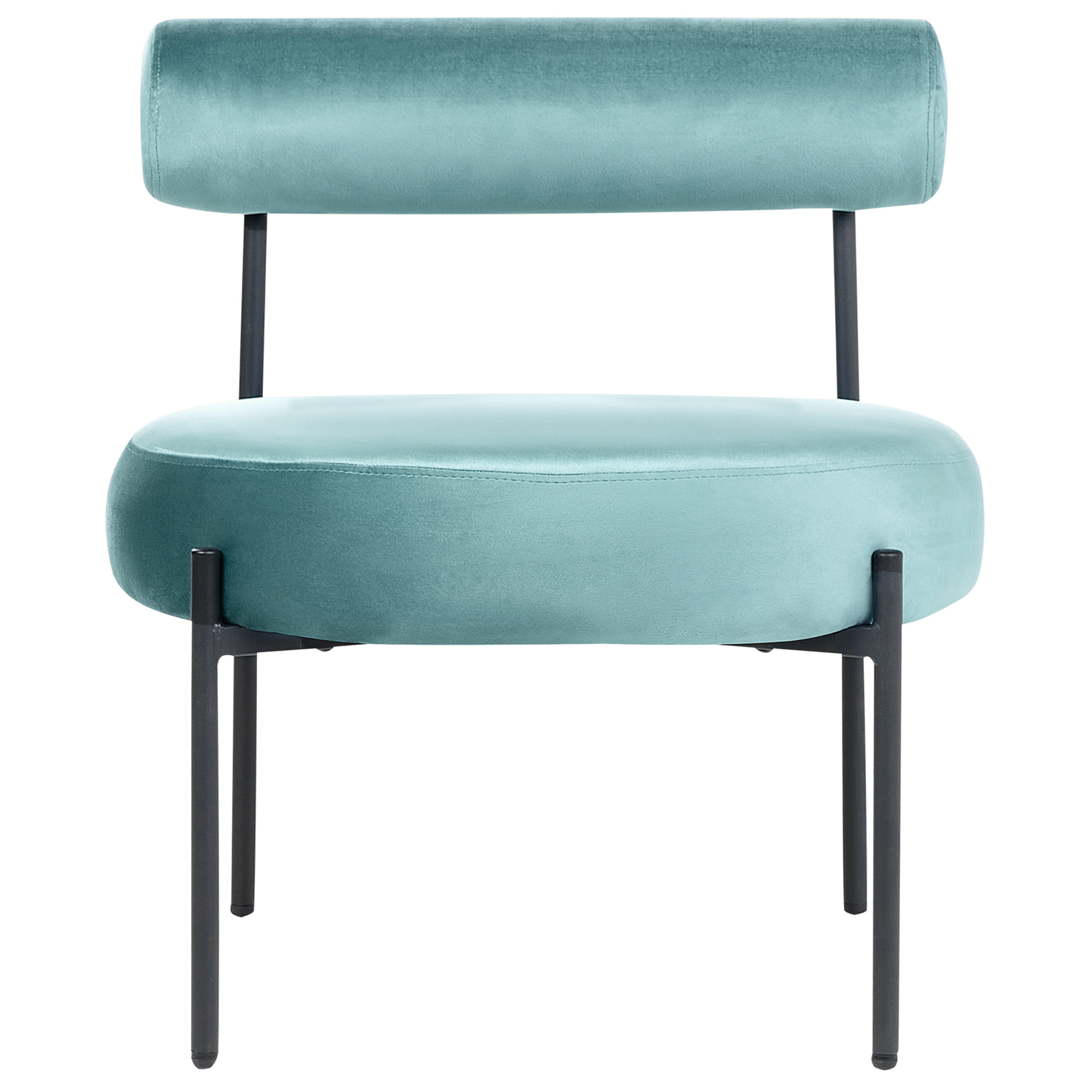 Armless Green Velvet Chair With Round Seat And Black Metal Frame Vintage Design