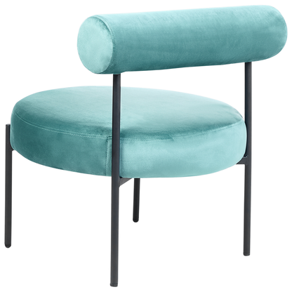 Armless Green Velvet Chair With Round Seat And Black Metal Frame Vintage Design