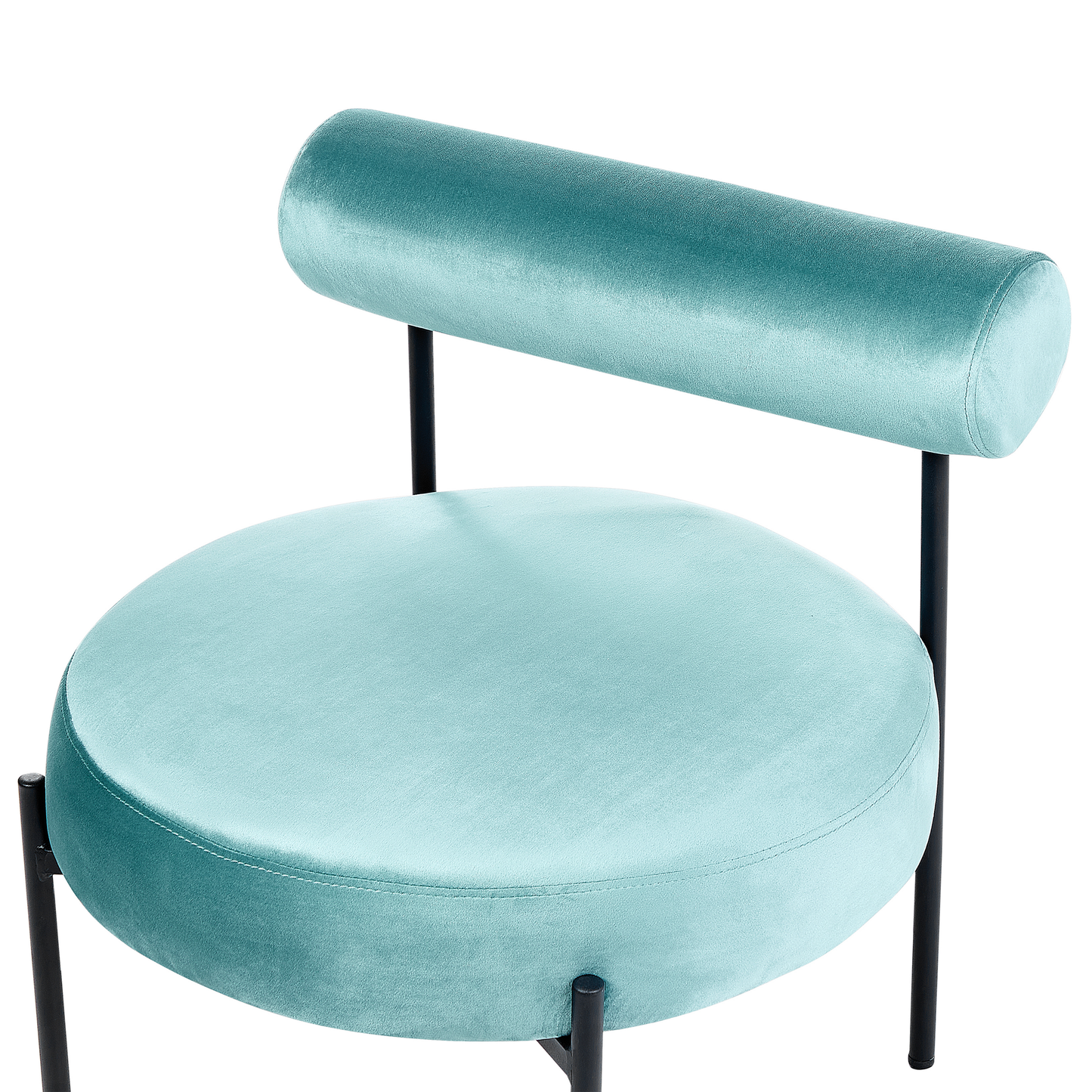 Armless Green Velvet Chair With Round Seat And Black Metal Frame Vintage Design