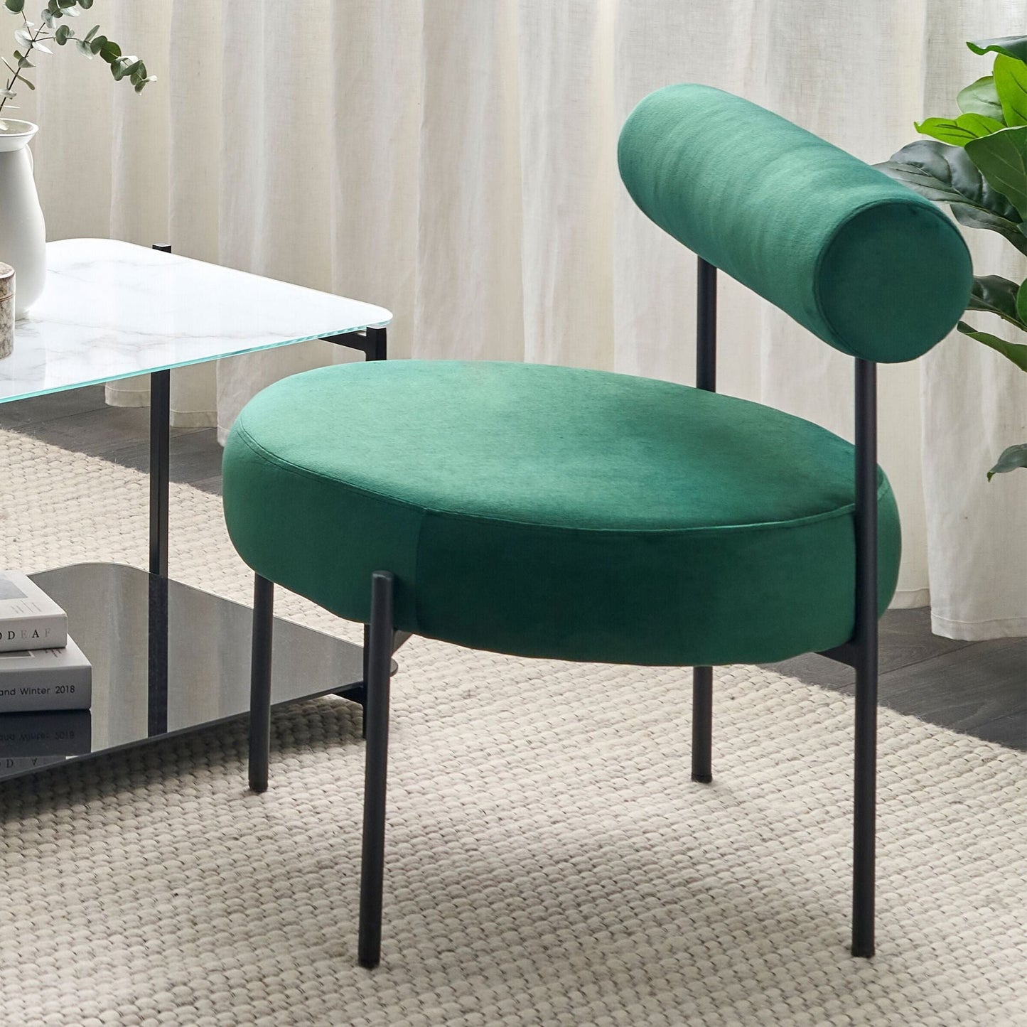 Emerald Green Armless Chair With Round Seat And Vintage Rollback Backrest In Black Metal Frame