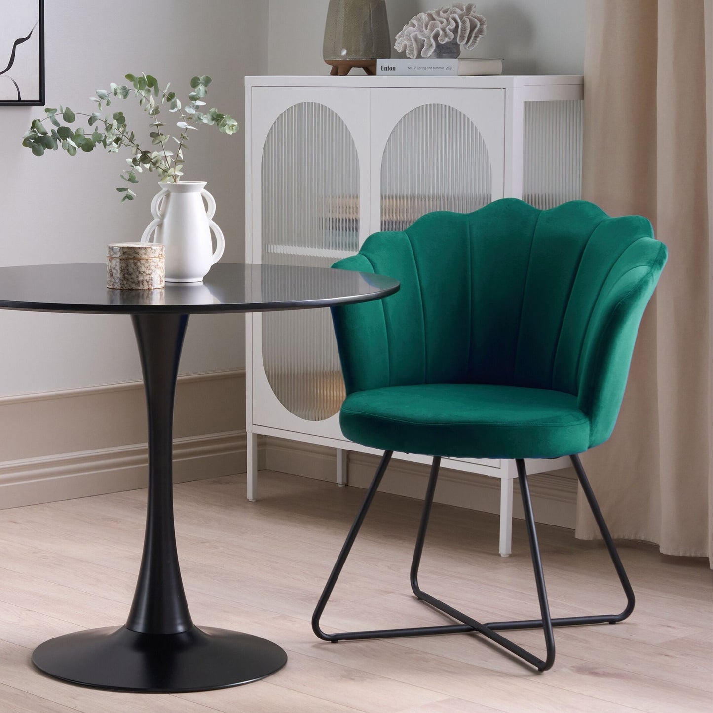 Armless Green Velvet Shell Back Chair Black Metal Frame