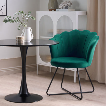 Armless Green Velvet Shell Back Chair Black Metal Frame