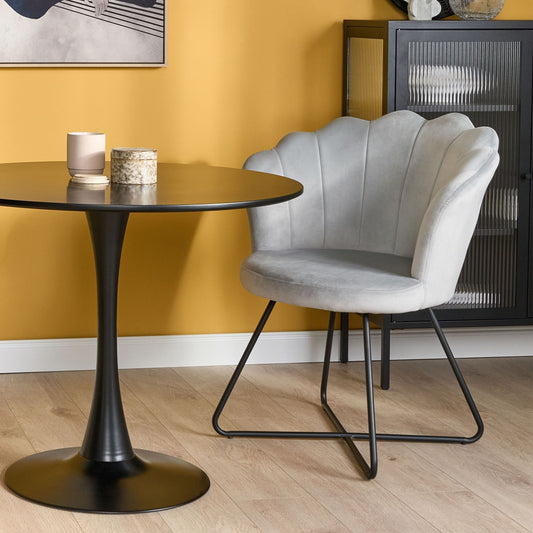 Armless Velvet Chair Grey Shell Back Vintage Style with Black Metal Frame