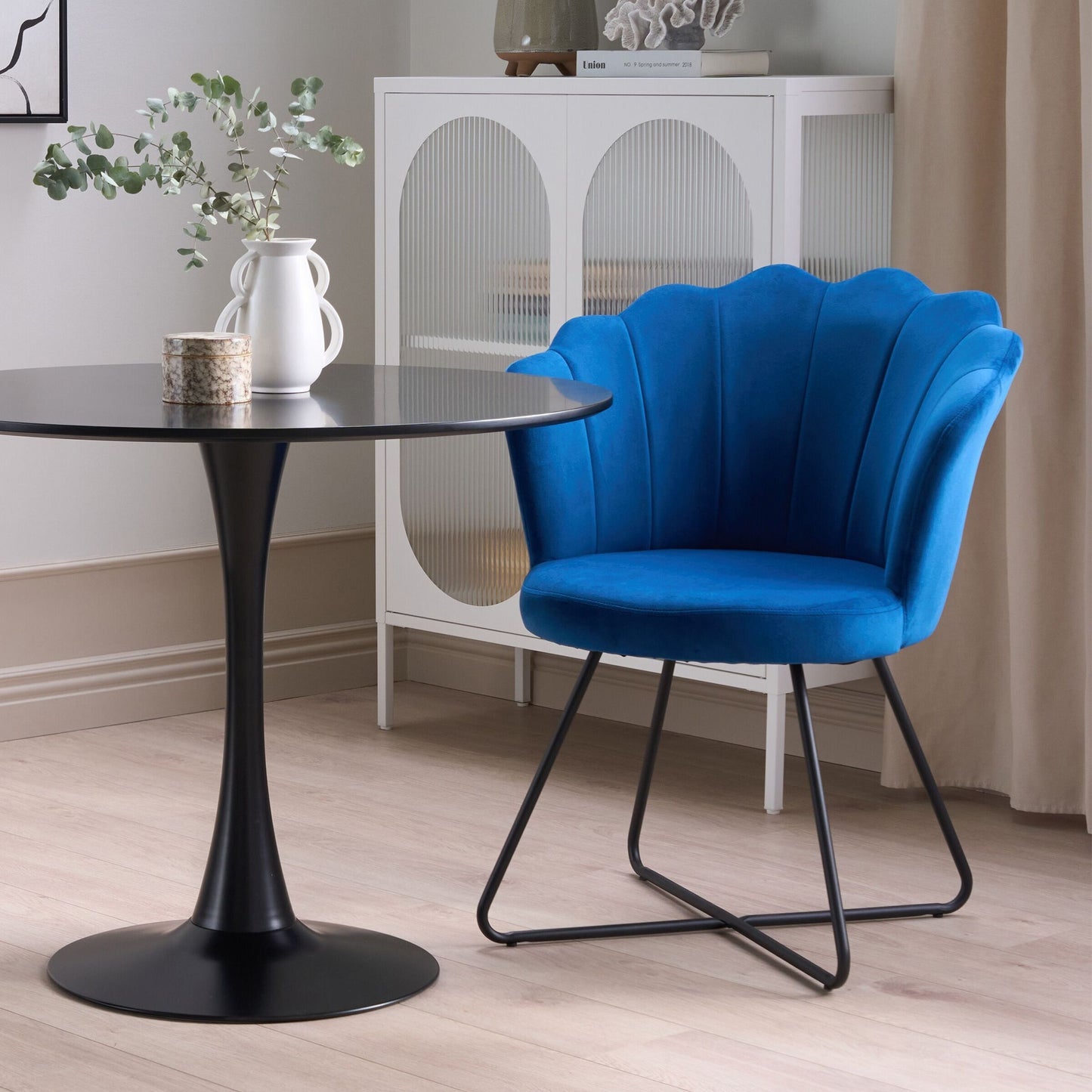 Navy Blue Velvet Armless Chair Shell Back Vintage Design