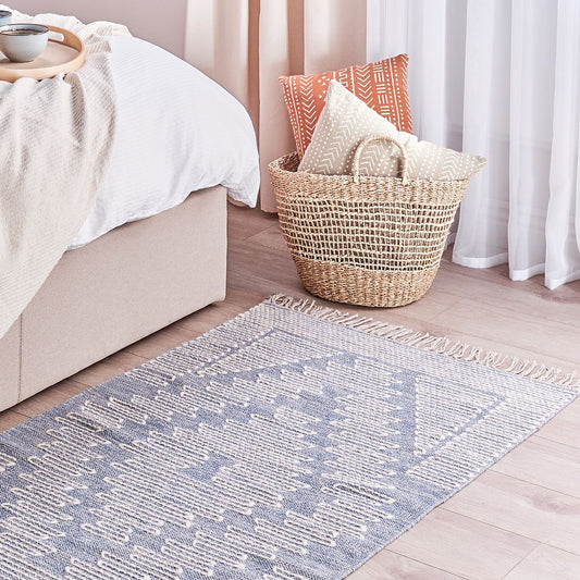 Rug Off-White Blue Geometric Wool-Cotton 80 x 150 Tassels