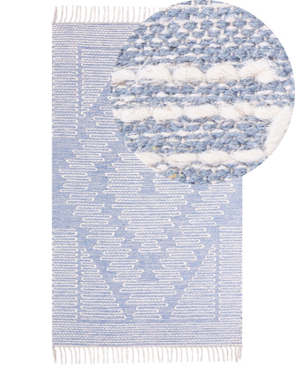 Rug Off-White Blue Geometric Wool-Cotton 80 x 150 Tassels