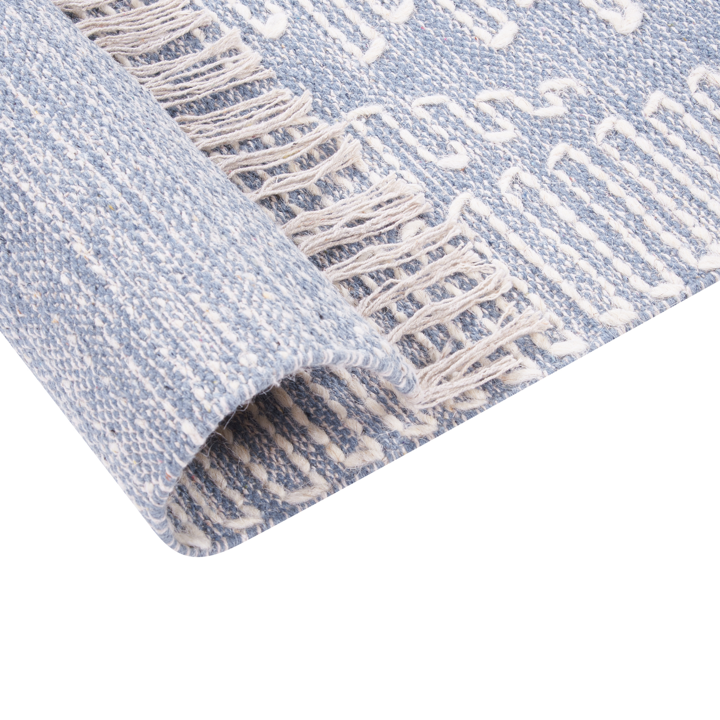 Rug Off-White Blue Geometric Wool-Cotton 80 x 150 Tassels