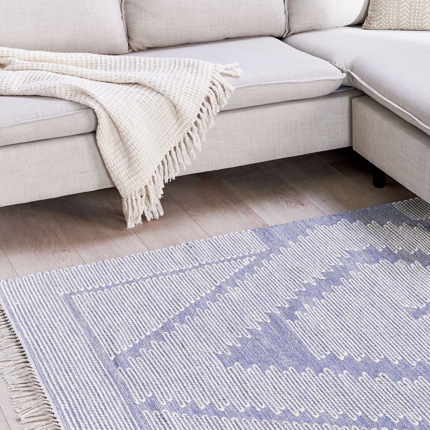 Runes Tribal Geometric Rug 140 x 200 Off White Blue Tassels