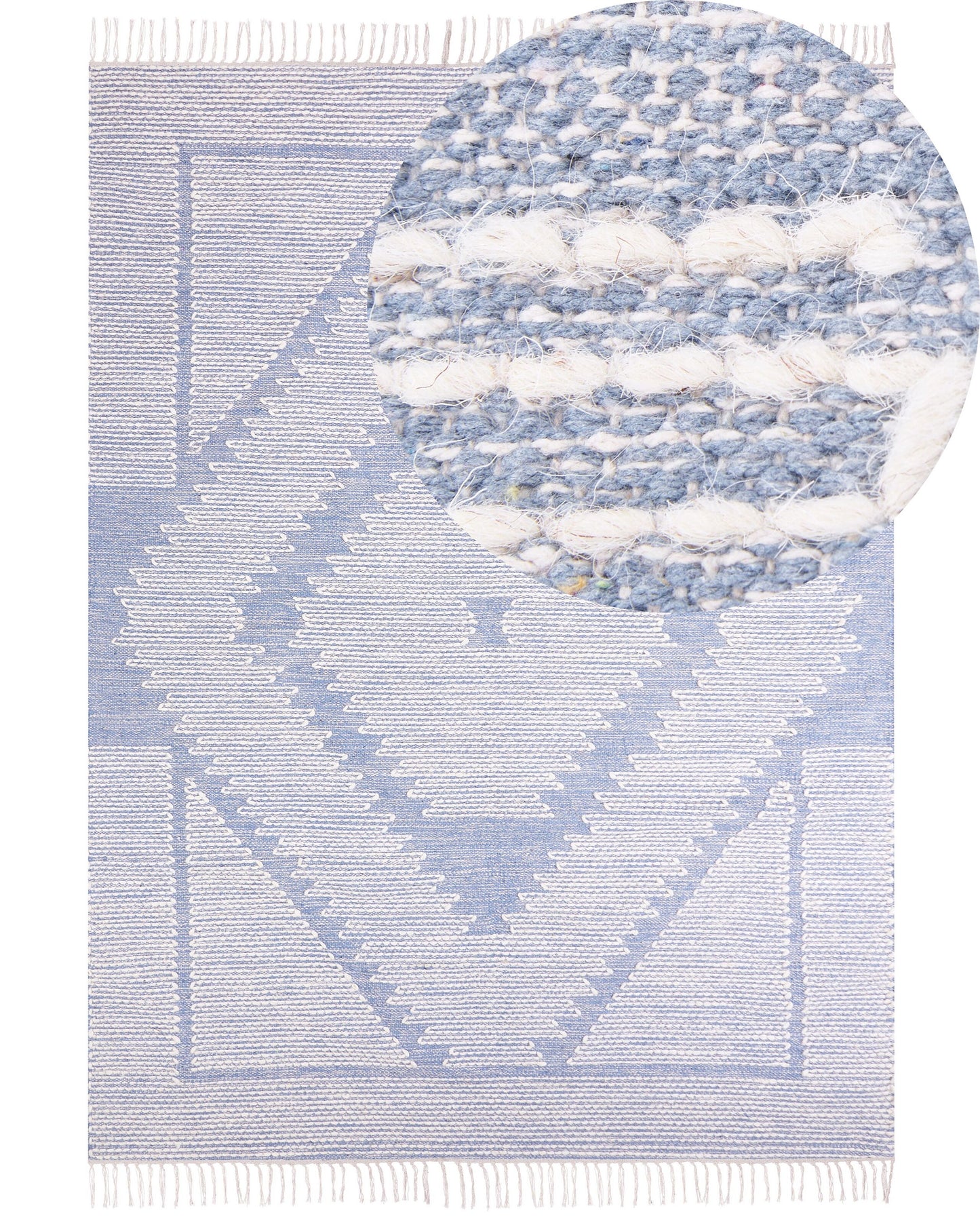 Runes Tribal Geometric Rug 140 x 200 Off White Blue Tassels