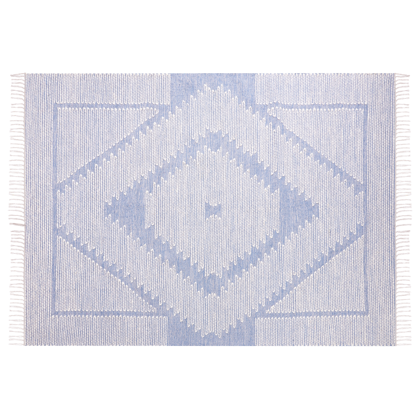 Runes Tribal Geometric Rug 140 x 200 Off White Blue Tassels