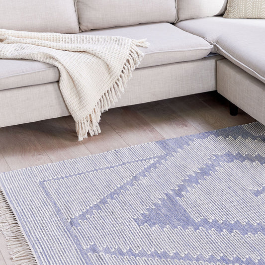 Rug Off-White Blue Cotton Wool 160 x 230 Geometric Tassels
