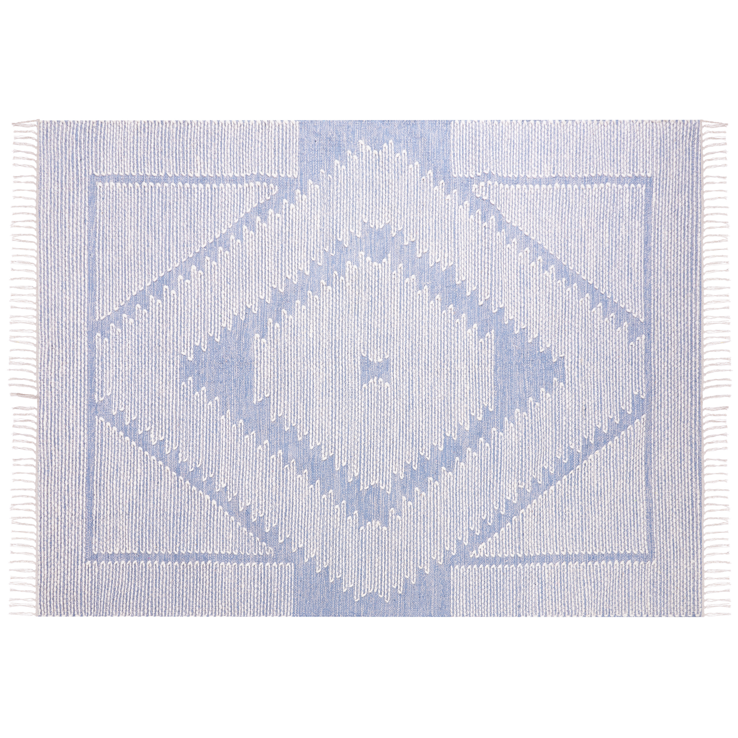 Rug Off-White Blue Cotton Wool 160 x 230 Geometric Tassels