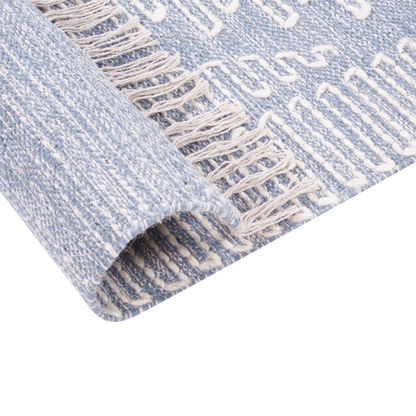 Rug Off-White Blue Cotton Wool 160 x 230 Geometric Tassels