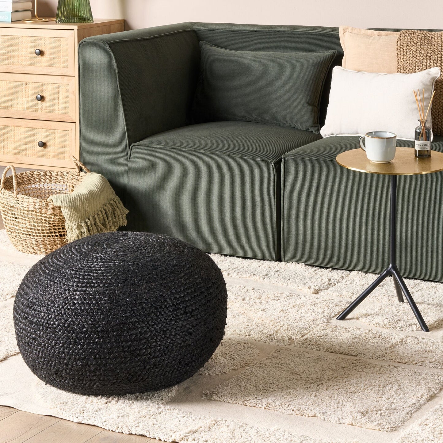 Black Jute Pouffe 45cm Round Ottoman With EPS Beads Filling