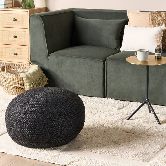 Black Jute Pouffe 45cm Round Ottoman With EPS Beads Filling