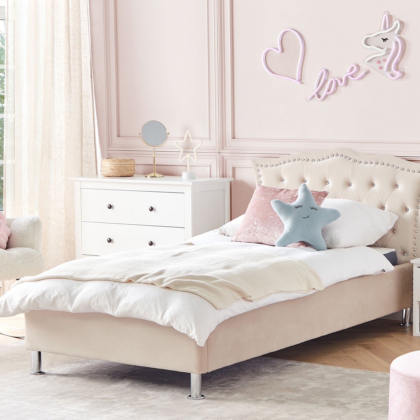 Lux Velvet Glam EU Single Beige Bed Crystal Button Headboard Nailhead