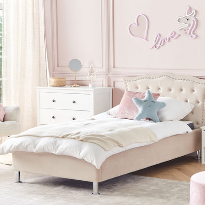Lux Velvet Glam EU Single Beige Bed Crystal Button Headboard Nailhead