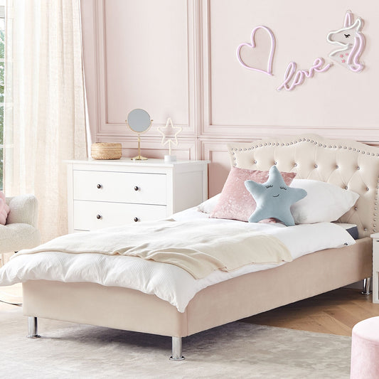 Lux Velvet Glam EU Single Beige Bed Crystal Button Headboard Nailhead