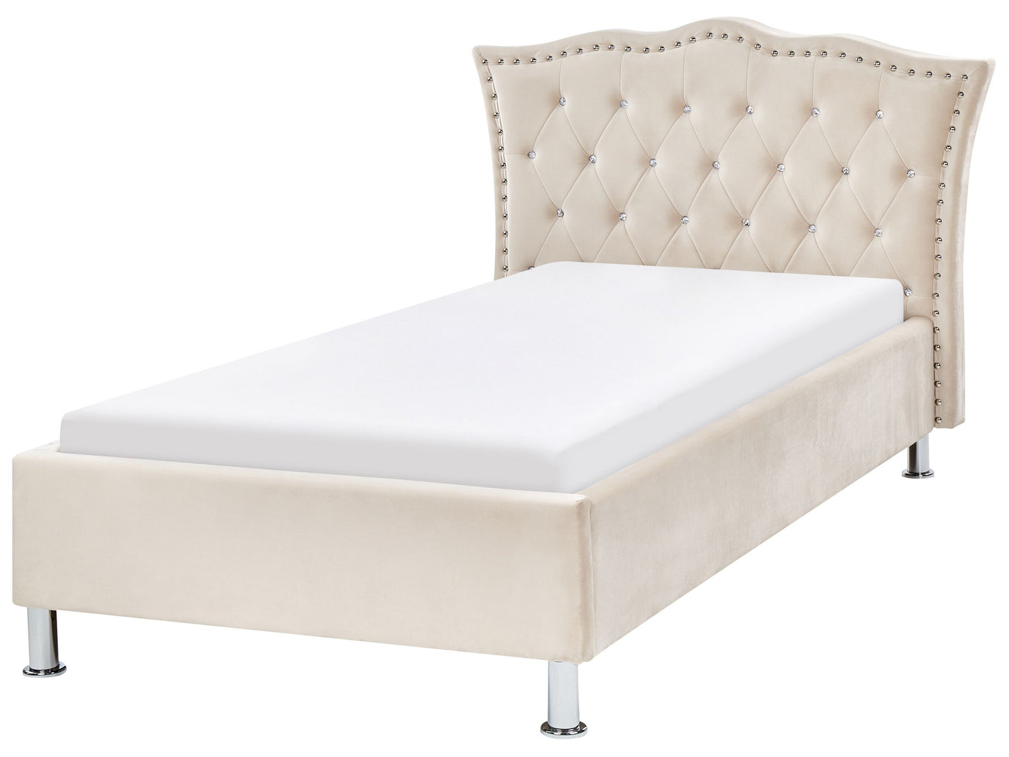 Lux Velvet Glam EU Single Beige Bed Crystal Button Headboard Nailhead