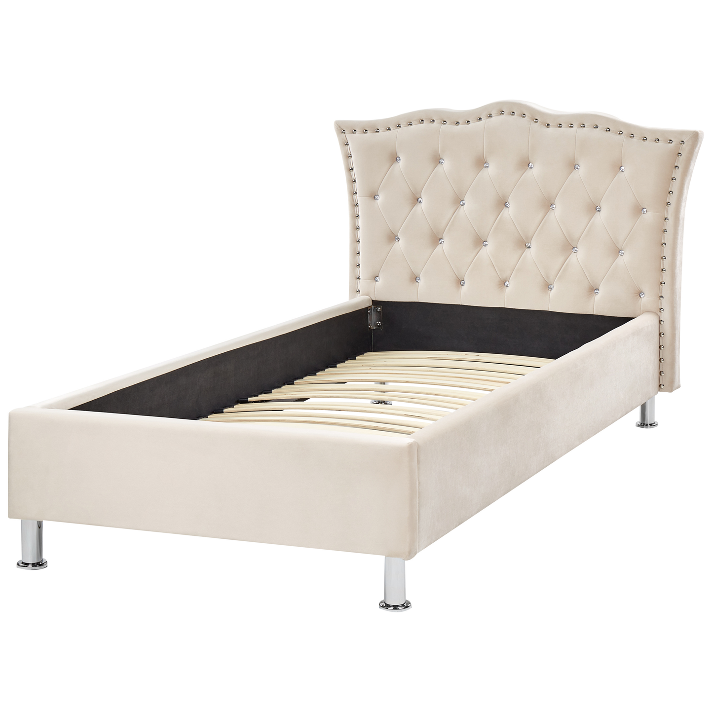 Lux Velvet Glam EU Single Beige Bed Crystal Button Headboard Nailhead