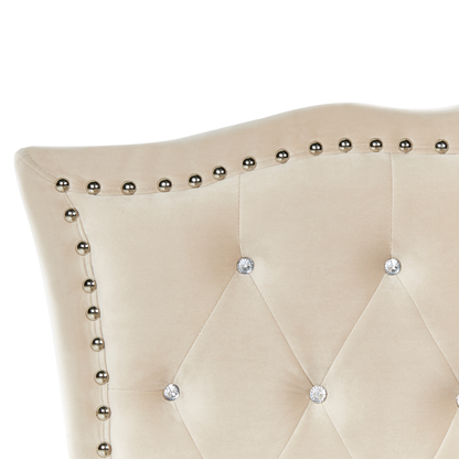 Lux Velvet Glam EU Single Beige Bed Crystal Button Headboard Nailhead
