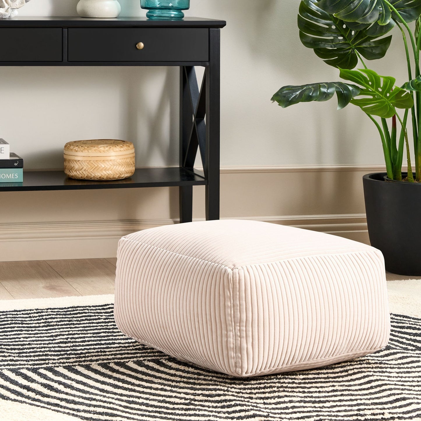 Beige Corduroy Pouffe With EPS Beads Filling Square Boho Modern Footstool