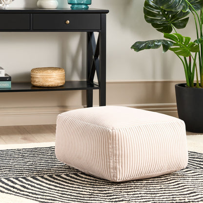 Beige Corduroy Pouffe With EPS Beads Filling Square Boho Modern Footstool
