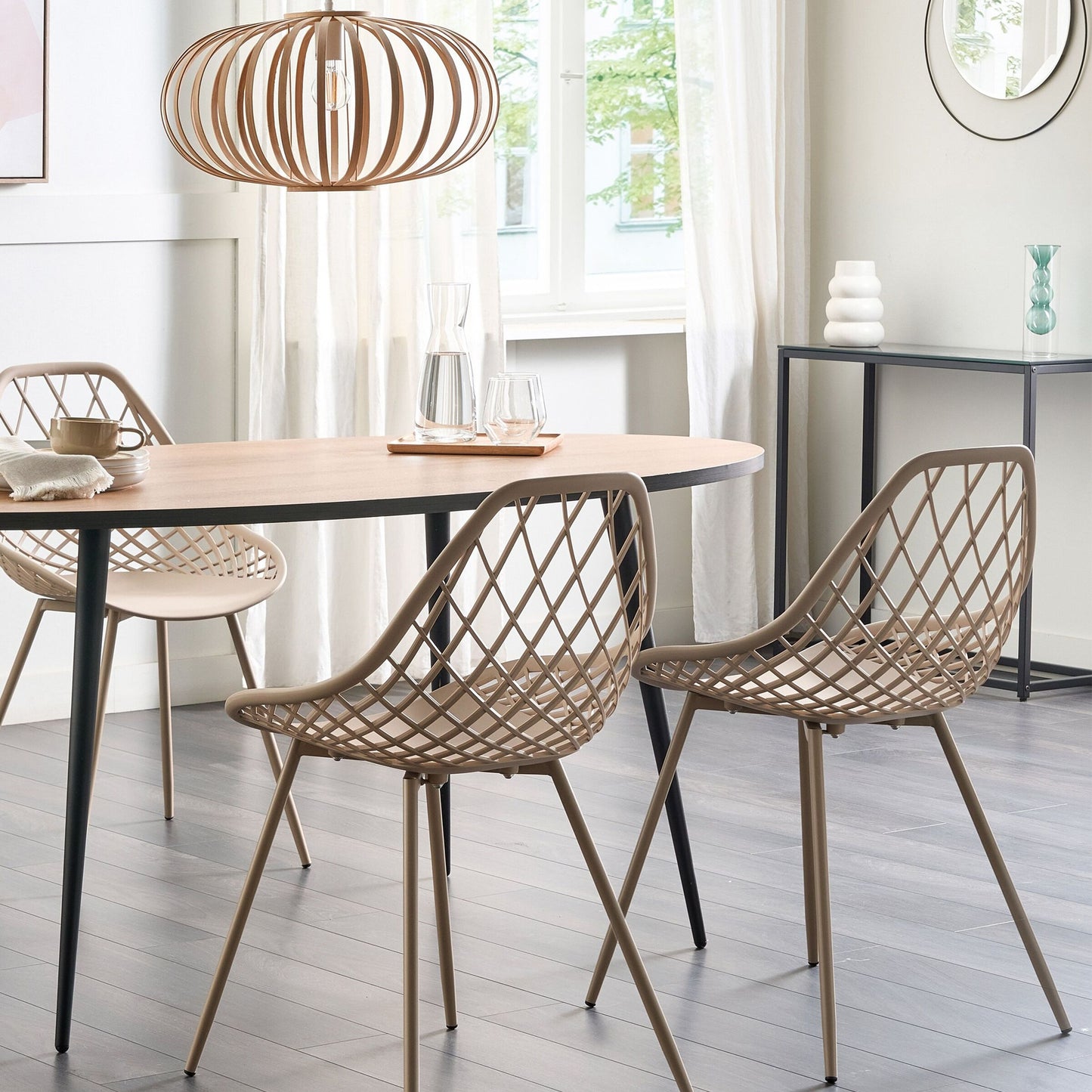 Set Of 2 Beige Dining Chairs With Net Backrest