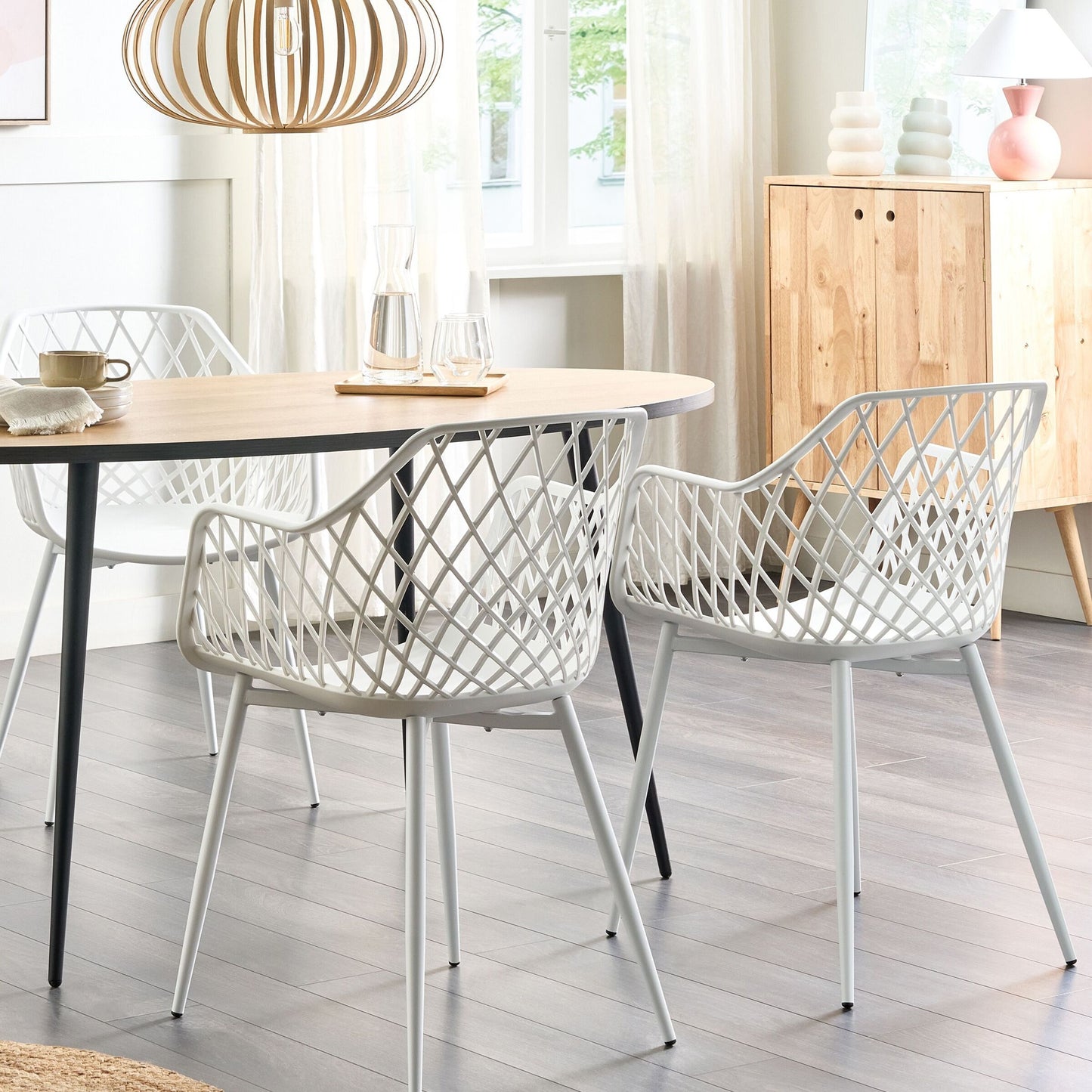 Pai Set Of 2 White Synthetic Seat Dining Chairs Open Net Back Legs