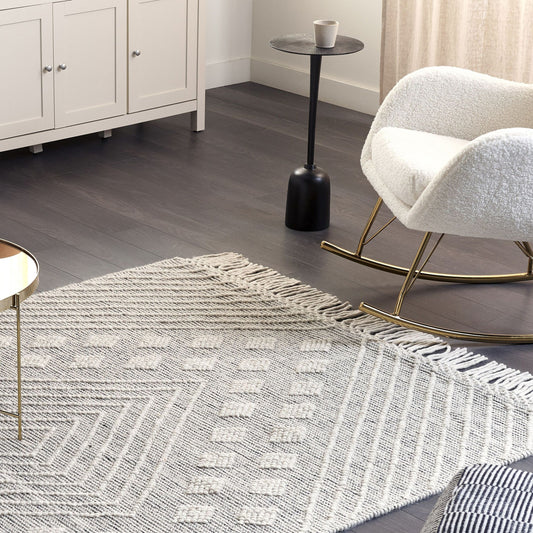 Nordic Loom Handwoven Wool Area Rug White Grey Geometric Pattern 160 x 230cm Scandinavian Living Room