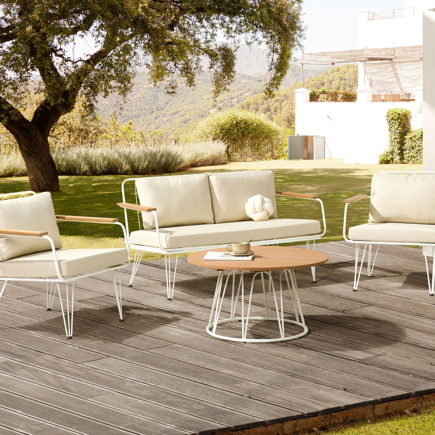 4 Seater Garden Sofa Set White Beige Cushioned Steel Frame