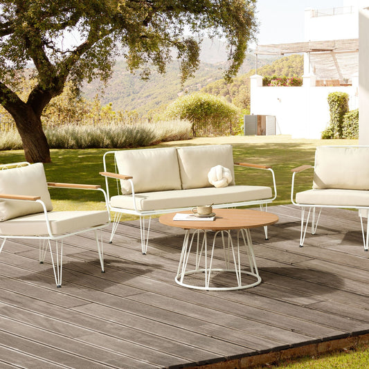 4 Seater Garden Sofa Set White Beige Cushioned Steel Frame